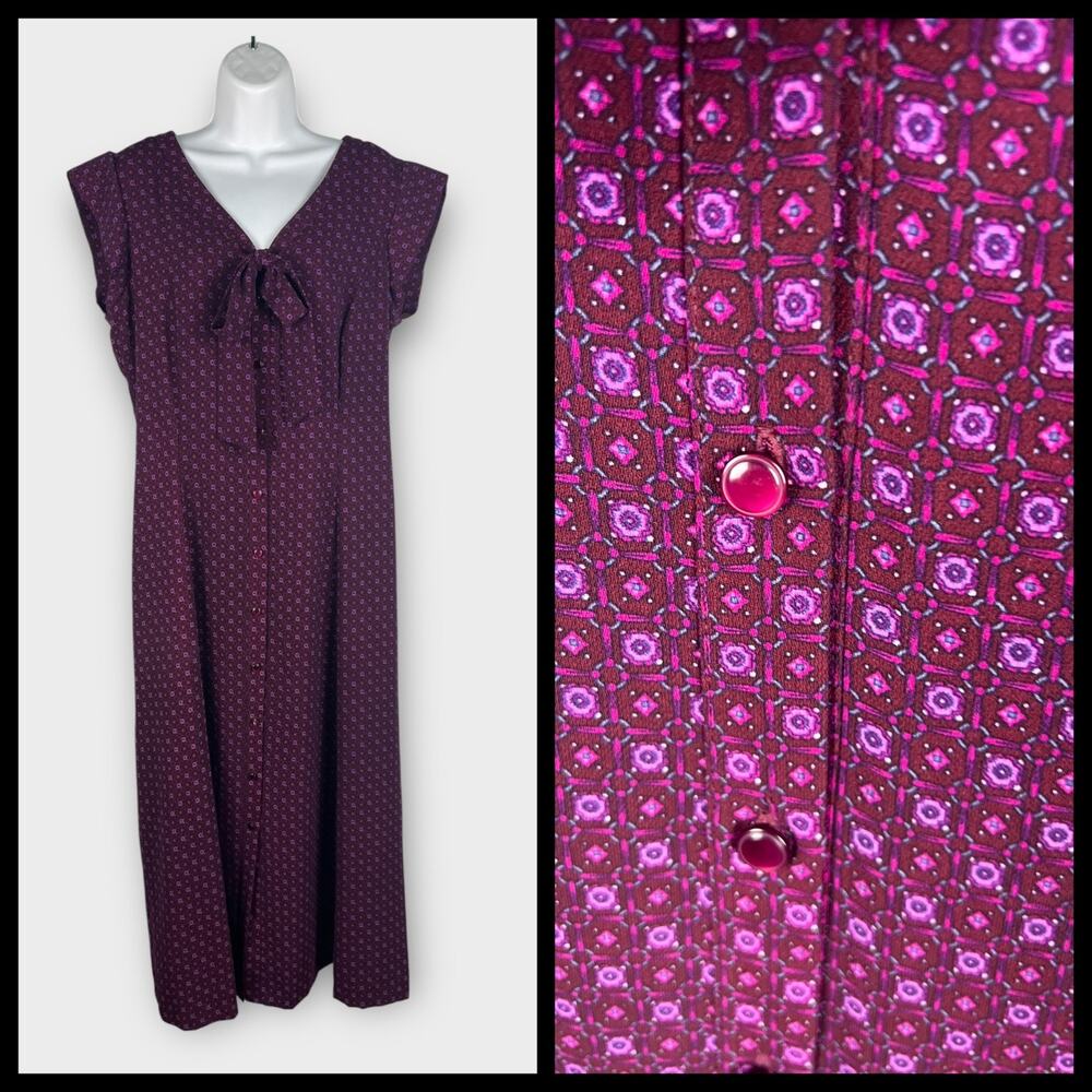 90s Danny & Nicole‎ Purple Bow Neck Button Front Floral Maxi Dress Size 12